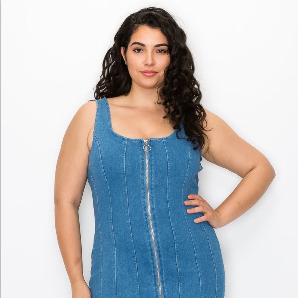 Front Zipper Denim Plus Dress
